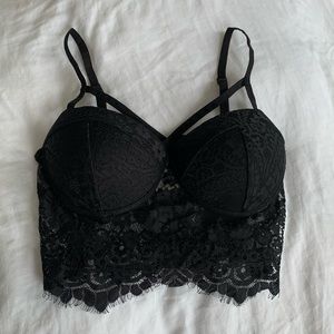 Charlotte Russe Black Long Line Mesh & Lace Bralette - Size M